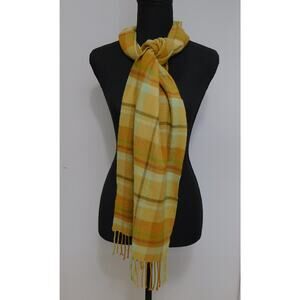 Cashmere 100%  Plaid Scarf Fringe with tones of Yellow, Brown, Cream and Green